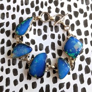 Silver Link Bracelet w/ Man-made Blue Opal